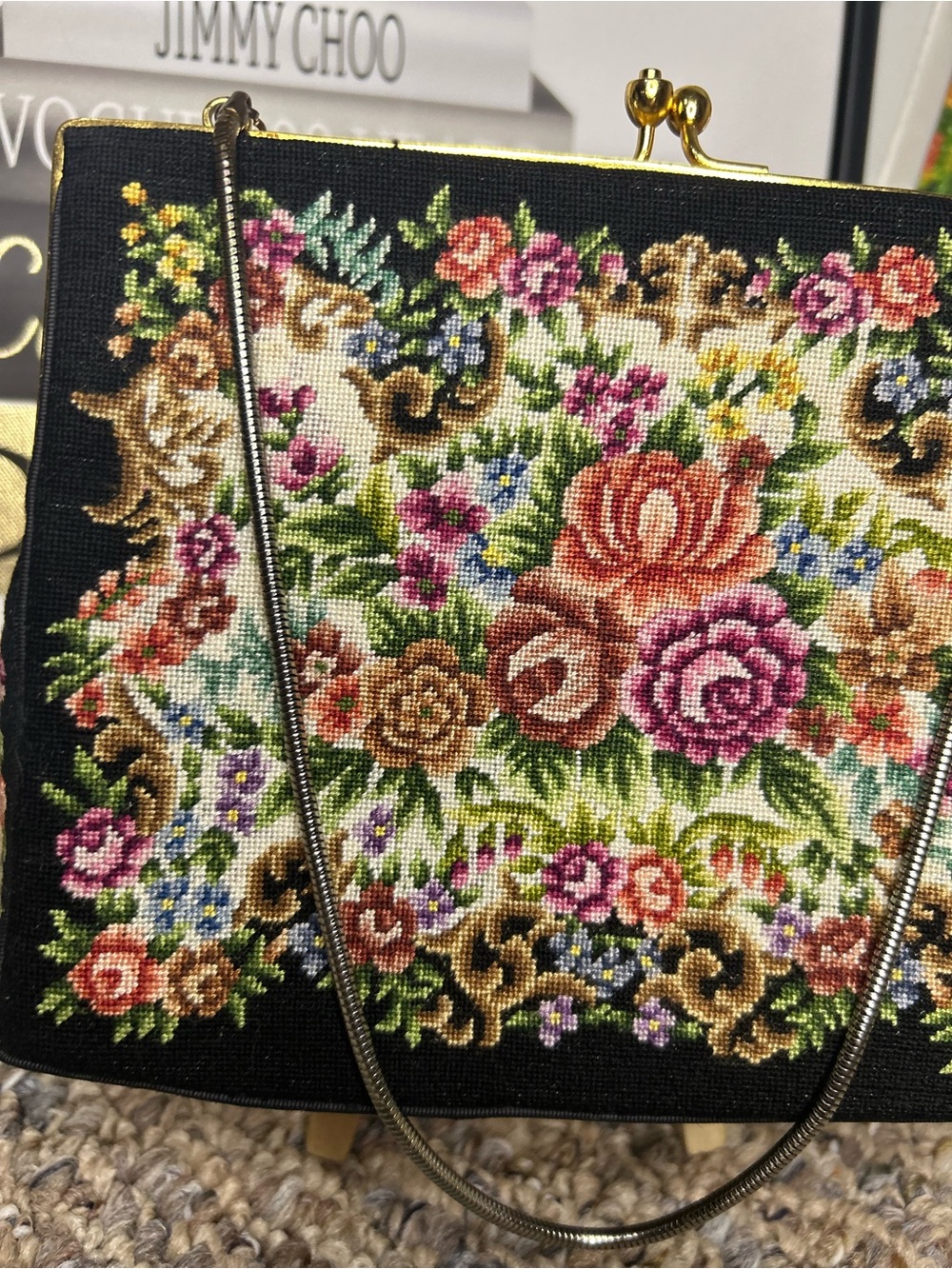Vintage Needlepoint Floral Tapestry Purse • Petit Point • Kiss Lock • Chain - Picture 2 of 8